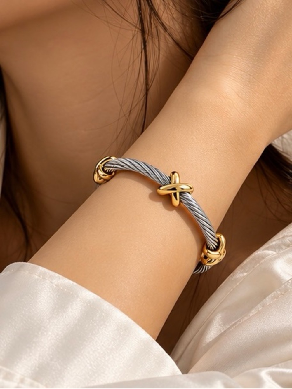 Two Tone Silver Gold Cable Cuff Bracelet Modern Sculptural Bangle